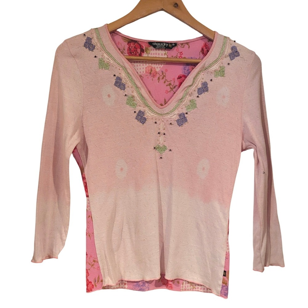 Chaudry Sports Top M Pink Embroidered Beaded Floral Mixed Media Boho Fairycore